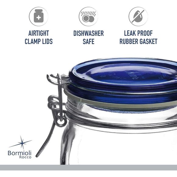 Bormioli Rocco Fido Italy Clear Glass Airtight Storage Jar Cobalt Blue Lid 3/4L - Picture 7 of 9